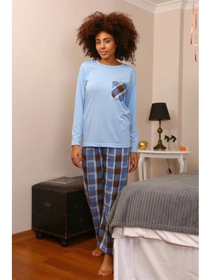 Kadın Uzun Kol Penye Pijama Takım Mavi