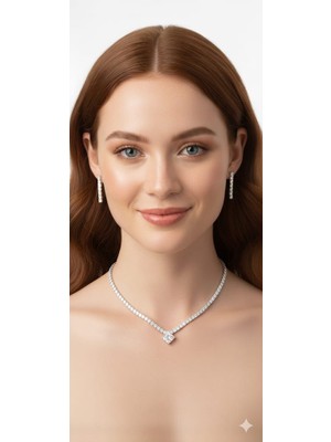 Klc Takı Kadın Gümüş Renk Model Su Yolu Zirkon Taşlı Kolye Küpe Seti