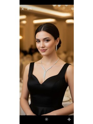 Klc Takı Kadın Gümüş Renk Model Su Yolu Zirkon Taşlı Kolye Küpe Seti