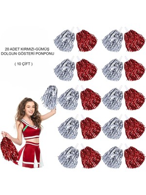 Zenvia Kırmızı Gümüş Metalik Dolgun Gösteri Ponponu - 20 Adet (10 Çift) ZNV-TTT3245
