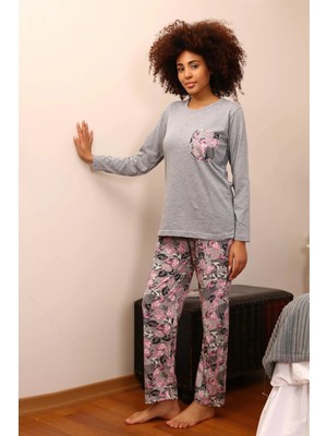 Kadın Uzun Kol Penye Pijama Takım Gri