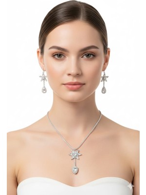 KLC Takı Klc  Takı Kadın Gümüş Renk Model Su Yolu Zirkon Taşlı Kolye Küpe  Seti