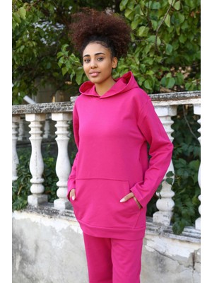 Kadın Pamuk Kapşonlu Cepli 3 Iplik Fuşya Eşofman Takım