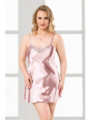 Zenvia  Büyük Beden Somon Kısa Saten Gecelik