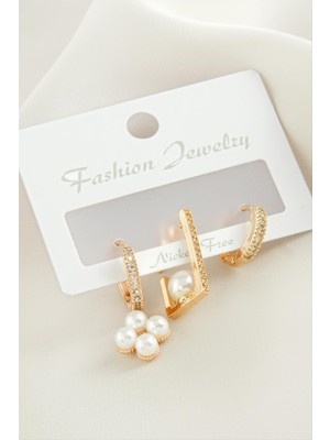 Zenvia 3 Adet Çiçek Inci Zirkon Taşlı Küpe ZNVBJTR-23577