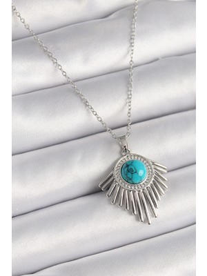 Zenvia 316L Çelik Gümüş Renk Zincir Mavi Boncuklu Zirkon Taşlı Kadın Kolye ZNV-EBJT4377