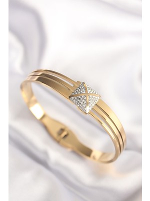 Zenvia 316L Çelik Zirkon Taşlı Gold Renk Kadın Kelepçe Bilezik ZNV-EBJT4377