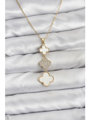 Zenvia 316L Çelik Zincir Gold Renk Yonca Detaylı Zirkon Taşlı Kadın Kolye ZNV-EBJT4377