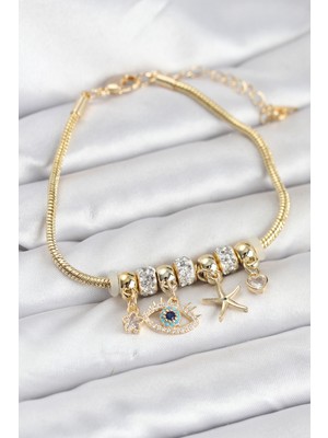 Zenvia Pirinç Gold Renk Göz Model Charmlı Kadın Bileklik ZNV-EBJT4377