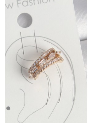 Zenvia Pirinç Gold Renk Zirkon Taşlı 3'lü Sıralı Model Kadın Kıkırdak Küpe ZNV-EBJT4377