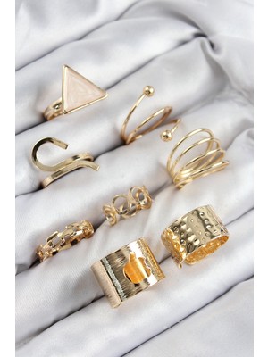 Zenvia Pirinç Üçgen Model Gold Renk Kadın Yüzük Kombin Set ZNV-EBJT4377