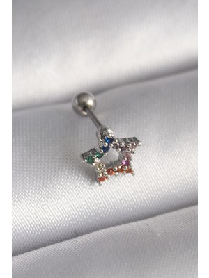 Zenvia 316L Çelik Gümüş Renk Renkli Zirkon Taşlı Yıldız Model Tragus Piercing ZNV-EBJT4377