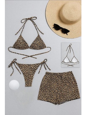 Zenvia Kadın 3'lü Set Leopar Desenli Şortlu ve Yandan Bağlamalı Bikini Mayo Takımı ZNV-IMD34
