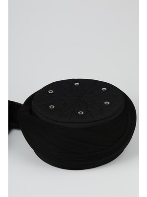 Sarıkhane Talebe Sarığı - Siyah Kumaş - Yeşil Takke - Çapraz Sarım - Kuş Gözü - 7 Metre (Züabeli)