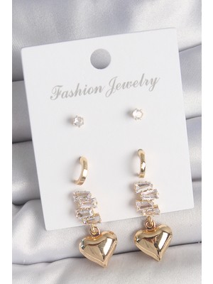 Zenvia Pirinç Gold Renk Zirkon Taşlı Sallantılı Kalp Model Yarım Halka Detay 3 Çift Kadın Küpe Set