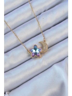 Zenvia 316L Çelik Zincir Altın Renk Ay Tasarımlı Renkli Zirkon Taşlı Çiçek Kolye ZNV-EBJT4377
