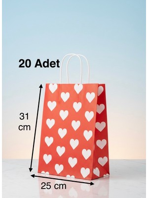 e ERTA Beyaz Kalp Desenli Kırmızı Kraft Çanta 25X31CM 20 Adet Hediye Poşeti,hediye Paketi Kraft Kağıt Çanta