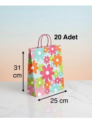 e ERTA Çiçek Desenli Kraft Çanta 25X31 cm -20 Adet- Hediye Poşeti , Hediye Paketi Kraft Kağıt Çanta