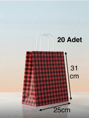 e ERTA Kırmızı/siyah Ekose Kraft Çanta 25X31 cm -20 Adet- Hediye Poşeti , Hediye Paketi Kraft Kağıt Çanta