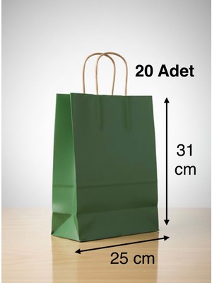 e ERTA Yeşil Renkli Kraft Çanta 25X31 cm -20 Adet- Hediye Poşeti , Hediye Paketi Kraft Kağıt Çanta