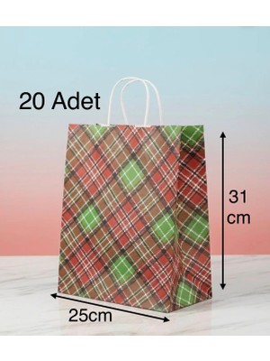 e ERTA Ekose Desenli Kraft Çanta 25X31 cm -20 Adet- Hediye Poşeti , Hediye Paketi Kraft Kağıt Çanta