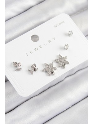 Zenvia Pirinç Zirkon Taşlı Yıldız ve Gül Model Gümüş Renk 925 Ayar Gümüş Çivi Kadın Küpe Set