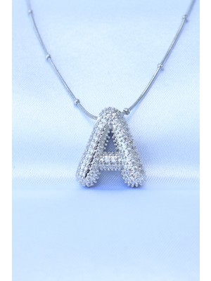 Zenvia 316L Çelik Zincirli Zirkon Taşlı A Harfli Gümüş Renk Bubble Kolye ZNV-EBJT4377