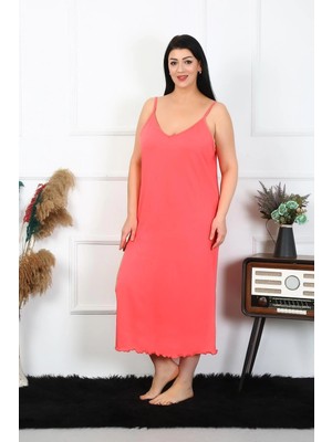 Kadın Büyük Beden Ip Askılı Pamuklu Somon Uzun Gecelik