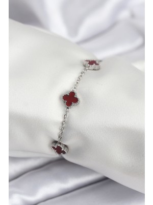 Zenvia 316L Çelik Gümüş Renk Bordo Baby Boy Yonca Kadın Bileklik ZNV-EBJT4377