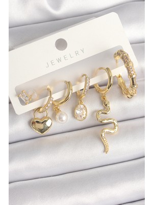 Zenvia Pirinç Gold Renk Sallantı Yılan Model Zirkon Taşlı Halka Kilit Kalp Detay Kadın Küpe Seti Znv