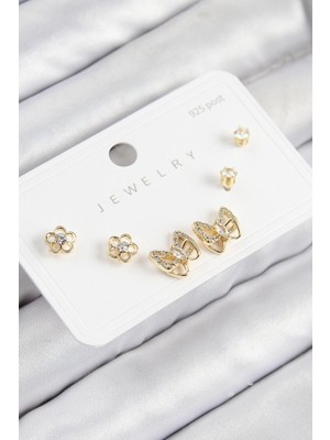 Zenvia Pirinç Zirkon Taşlı Kelebek Model Gold Renk 925 Ayar Gümüş Çivi Kadın Küpe Set ZNV-EBJT4377