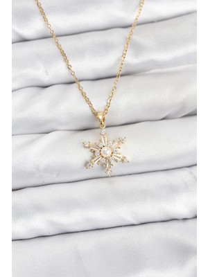 Zenvia 316L Çelik Zincir Gold Renk Kar Tanesi Model Zirkon Taşlı Kadın Kolye ZNV-EBJT4377