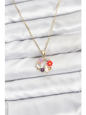 Zenvia 316L Çelik Zincir Gold Renk Çiçekli Kedili Model Kadın Kolye ZNV-EBJT4377