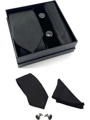 Zenvia Kravat Düğme Set Siyah Desenli Kravat Mendil Kol Düğmesi Özel Set ZNV-EVVN3263