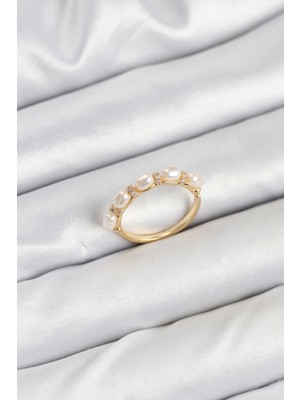 Zenvia Pirinç Gold Renk Sıralı Incili Kadın Yüzük ZNV-EBJT4377