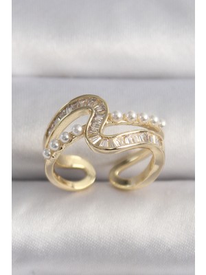 Zenvia Pirinç Gold Renk Zirkon Taşlı Inci Detay Vıp Seri Kadın Yüzük ZNV-EBJT4377