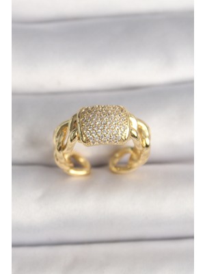 Zenvia Pirinç Gold Renk Ayarlanabilir Zirkon Taşlı Kadın Yüzük ZNV-EBJT4377