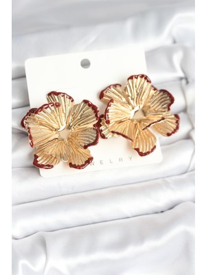 Zenvia Pirinç Gold Renk Bordo Renk Detaylı Lotus Kadın Küpe ZNV-EBJT4377