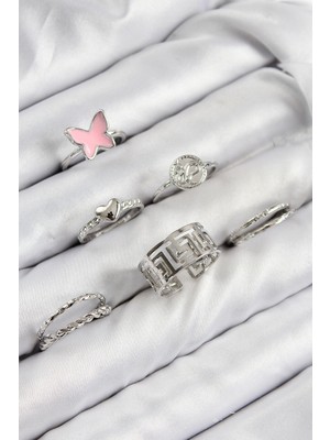 Zenvia Pirinç Kelebek ve Kalp Model Gümüş Renk Kadın Yüzük Kombin Set ZNV-EBJT4377