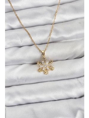 Zenvia 316L Çelik Zincir Gold Renk Kar Tanesi Model Zirkon Taşlı Kadın Kolye ZNV-EBJT4377