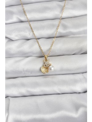 Zenvia 316L Çelik Zincir Gold Renk Deniz Kabuğu ve Deniz Yıldızı Model Zirkon Taşlı Kadın Kolye Znv
