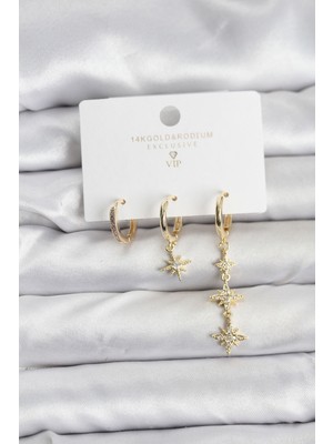 Zenvia Kutup Yıldızı Model Gold Renk Pirinç 3'lü Kadın Küpe Seti ZNV-EBJT4377