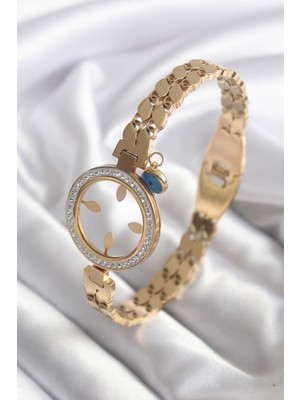Zenvia 316L Çelik Gold Renk Arpa Model Zirkon Taş Detay Çeyrek Altın Takılabilir Kadın Kelepçe Znv-E