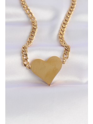 Zenvia 316L Çelik Zincir Altın Renk Düz Plaka Kalp Kolye ZNV-EBJT4377