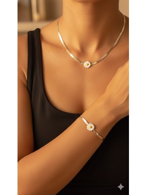 Papatya Silver 925 Ayar Patentli Papatyalı Italyan Zincir Kolye Bileklik Set.rose.gold.rodaj