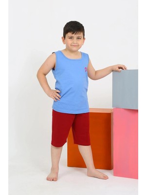 Erkek Çocuk Sıfır Kol Şortlu Mavi Penye Pijama Takımı