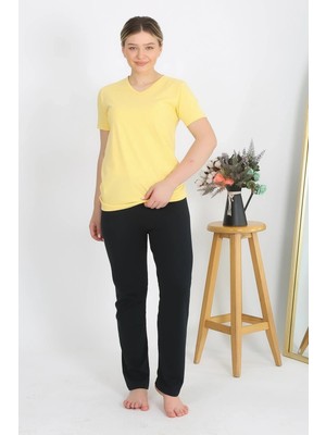 Kadın Kısa Kol Pamuk Penye Pijama Takım Sarı