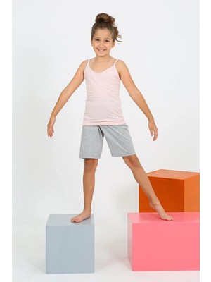 Kız Çocuk Ip Askılı Şortlu Penye Pembe Pijama Takım