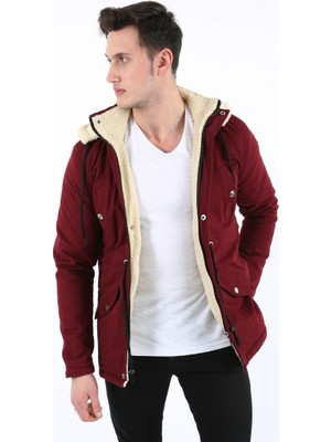 Renklime Içi Kürklü Çıkmalı Kapşonlu Kalın Erkek Günlük Kabardin Mont