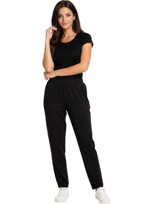 Kadın Normal Paça Beli Lastikli Özel Dikim Siyah Pantolon